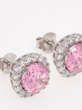 Sterling Silver Pink Cubic Zirconia Halo Stud Earrings